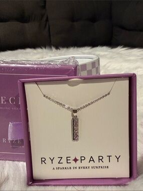 Ryze Party Silver Bar Pendant Necklace with pink and black stones.